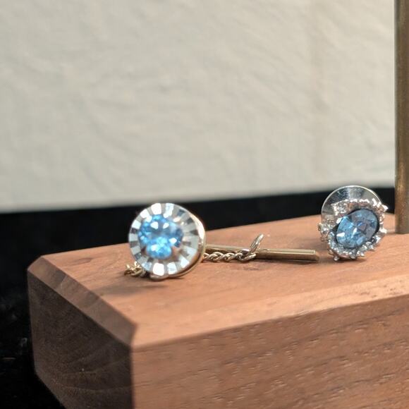Two Blue Crystal Silvertone Tie Tacks (One by Swank) - Picture 2 of 6